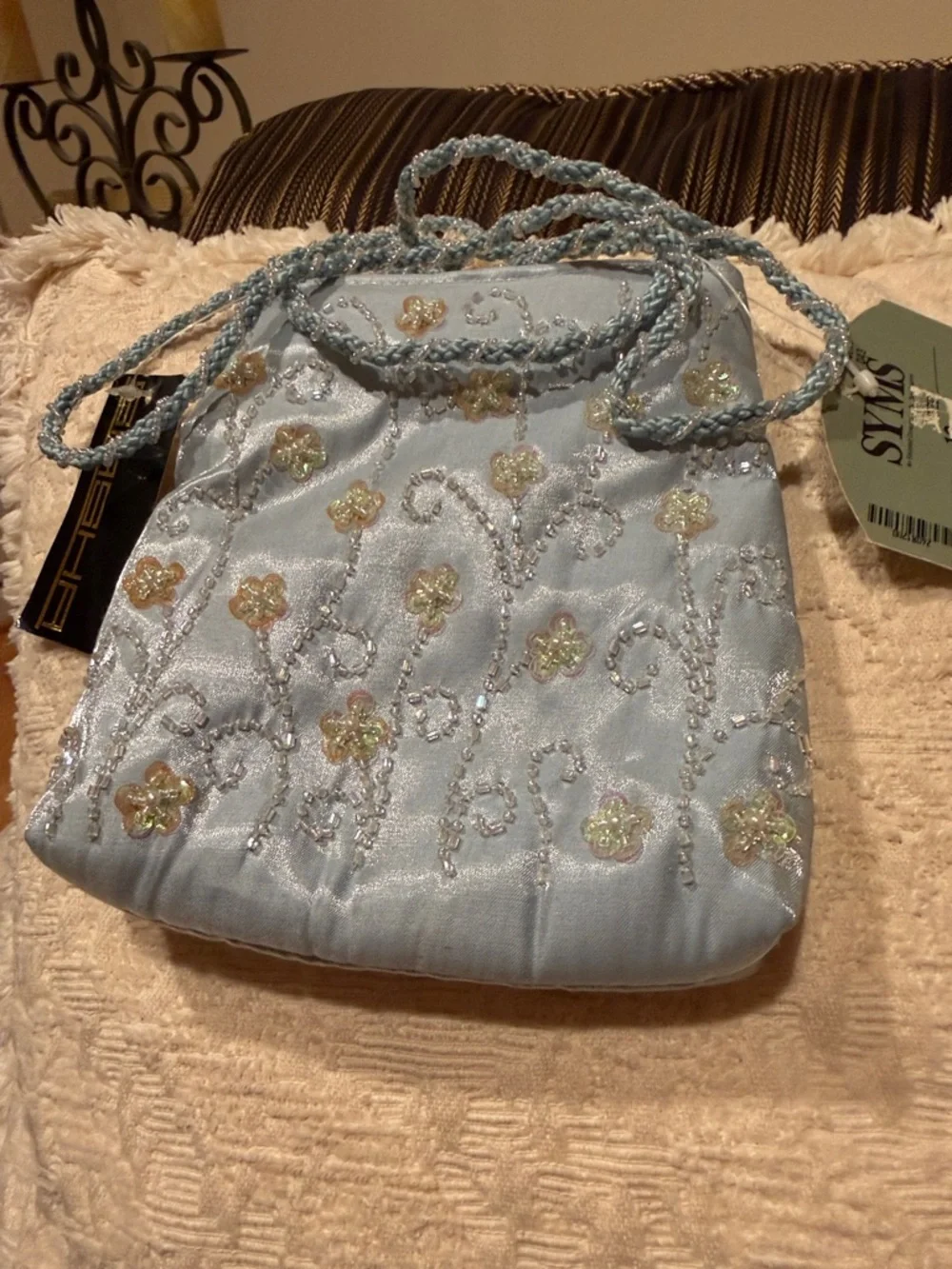 Embroidered Light Blue Crossbody Purse with Braided Strap